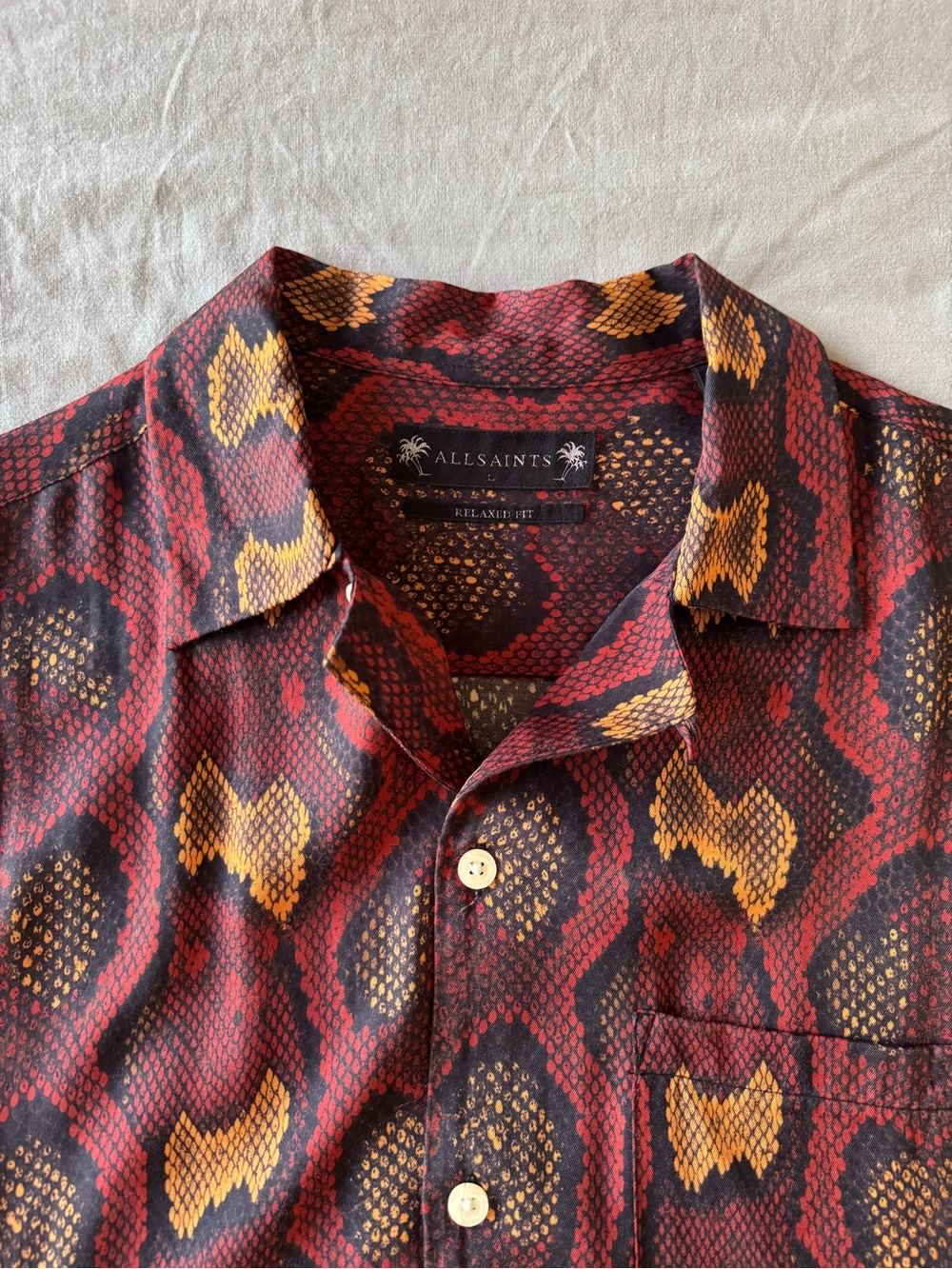 AllSaints Men's Red & Mustard Yellow Snake-Print Short Sleeve Button Shirt